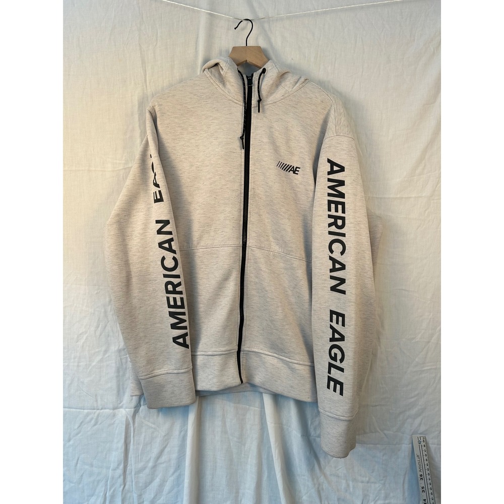American Eagle Mens XL Full Zip Hoodie Oatmeal Sleeve Graphic Sweatshirt #2204